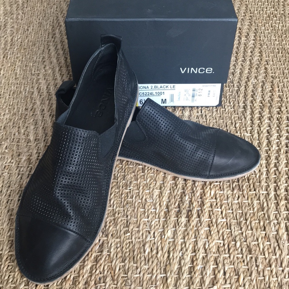 Vince Black Leather Perforated Loafers